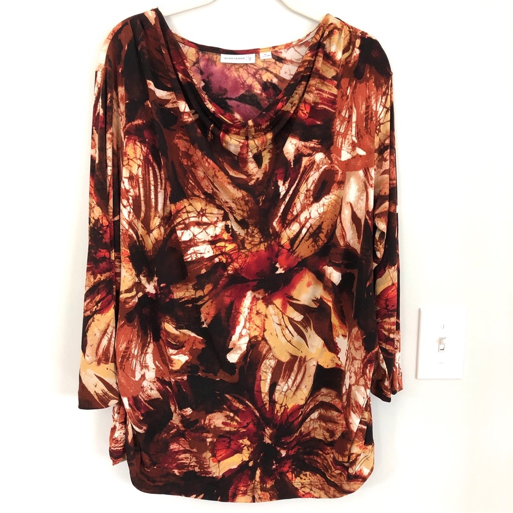 Susan Graver Printed Liquid Knit Drape Neck Top with Ruching, Size XL